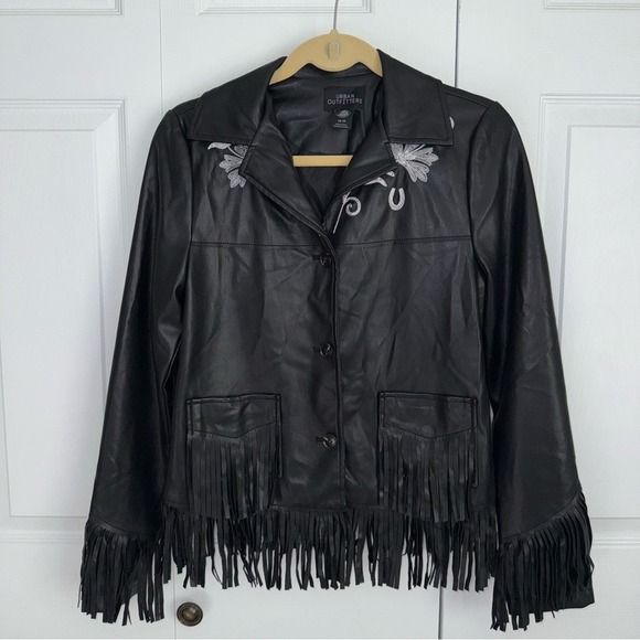 Urban Outfitters Black Leather Jacket with‎ Fringe and Embroidery - Picture 7 of 14